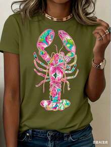 Women's Lobster Pattern T-Shirt - Soft Pink And Turquoise Coastal Print, Loose Fit, Short Sleeves, Round Neck, Lightweight And Breathable Summer Beach Party Top, Vibrant Lobster Design, Women's Casual Everyday Shirt, Machine Washable,  Gift Choice (New Stylish T-Shirt) - 綠色 - 查看 3