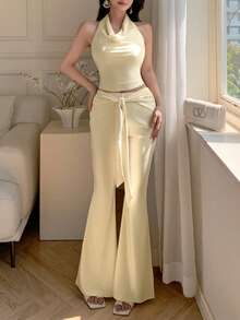 abyoxi Bộ đồ 2 mảnh màu vàng thanh lịch, giản dị, gợi cảm gồm áo crop top cổ yếm hở lưng và quần ống loe cạp cao buộc dây phía trước, thích hợp cho kỳ nghỉ, đi biển, lễ hội, tốt nghiệp, mùa xuân hè. - Màu vàng ngỗng - Xem 3
