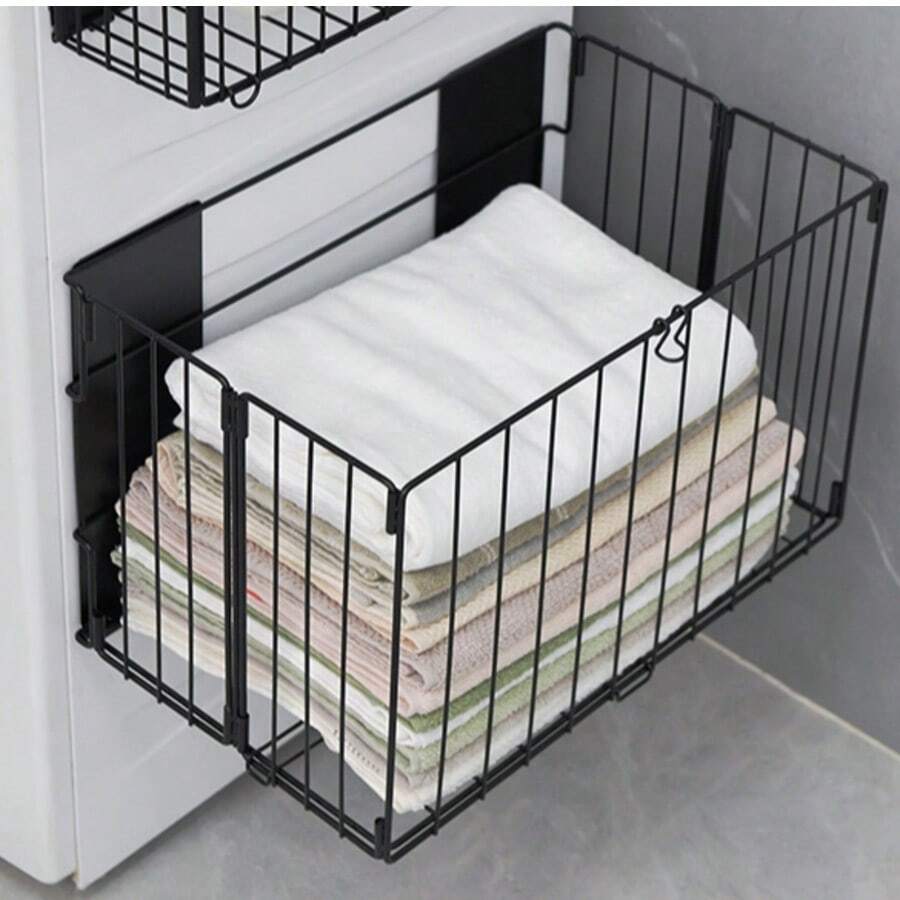 Giỏ đựng quần áo bẩn bằng sắt nghệ thuật, Giỏ đựng quần áo bẩn cao cấp gắn tường phòng tắm, Giỏ đựng quần áo bẩn lớn có nam châm, có thể gập lại. - màu đen - Xem 1