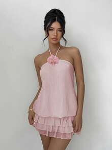 女士浅粉色低腰超短性感3D立体花卉吊带露背荷叶边迷你连衣裙，优雅时尚，适合日常通勤、派对、嘉年华、情人节、新年、海滩度假等夏季场合。 - 淺粉色 - 查看 8