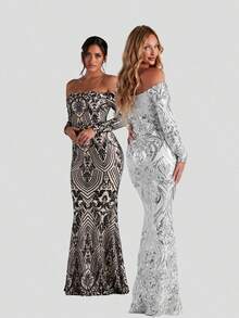 Paityn Formal Off-The-Shoulder Sequin Dress - Silver - View 2