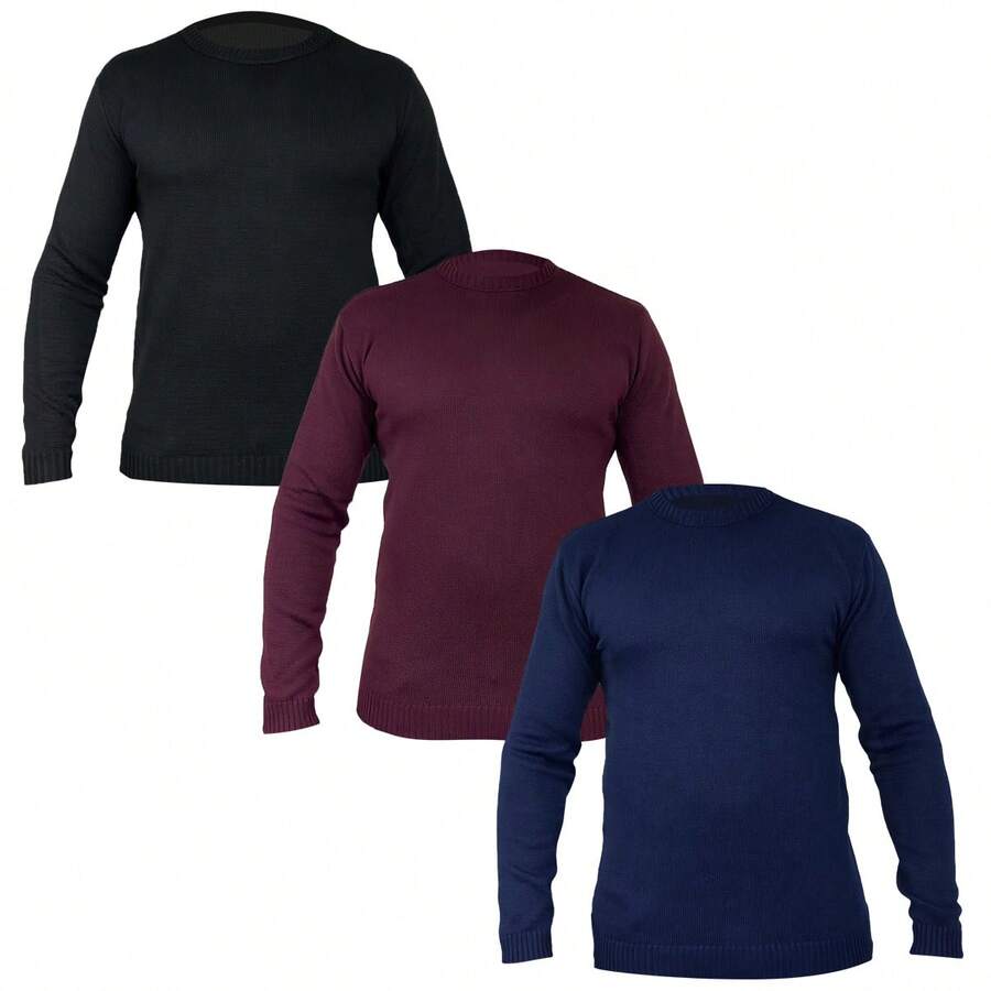 Set Of 3 Men's Knit Wool Ribbed Crew Neck Sweaters For Autumn/Winter, Regular Fit, Perfect For Daily Wear, Holidays, Evenings Out, And Home Wear. - Black/Navy Blue/Marsala - View 1