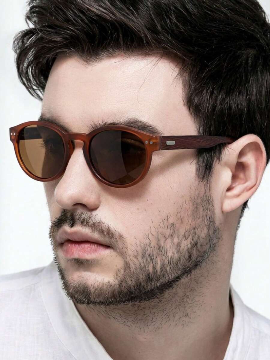 Men's/Women's Round Sunglasses With Polarized Wooden Lenses - 棕腿茶框 - 查看 1