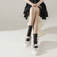 A Pair Of Sweet And Cute Bow Mid-Calf Socks, JK Ribbon Stacked Socks, Ballet-Style Mesh Calf Socks, Sheer Lace - 款式3 - 查看 1