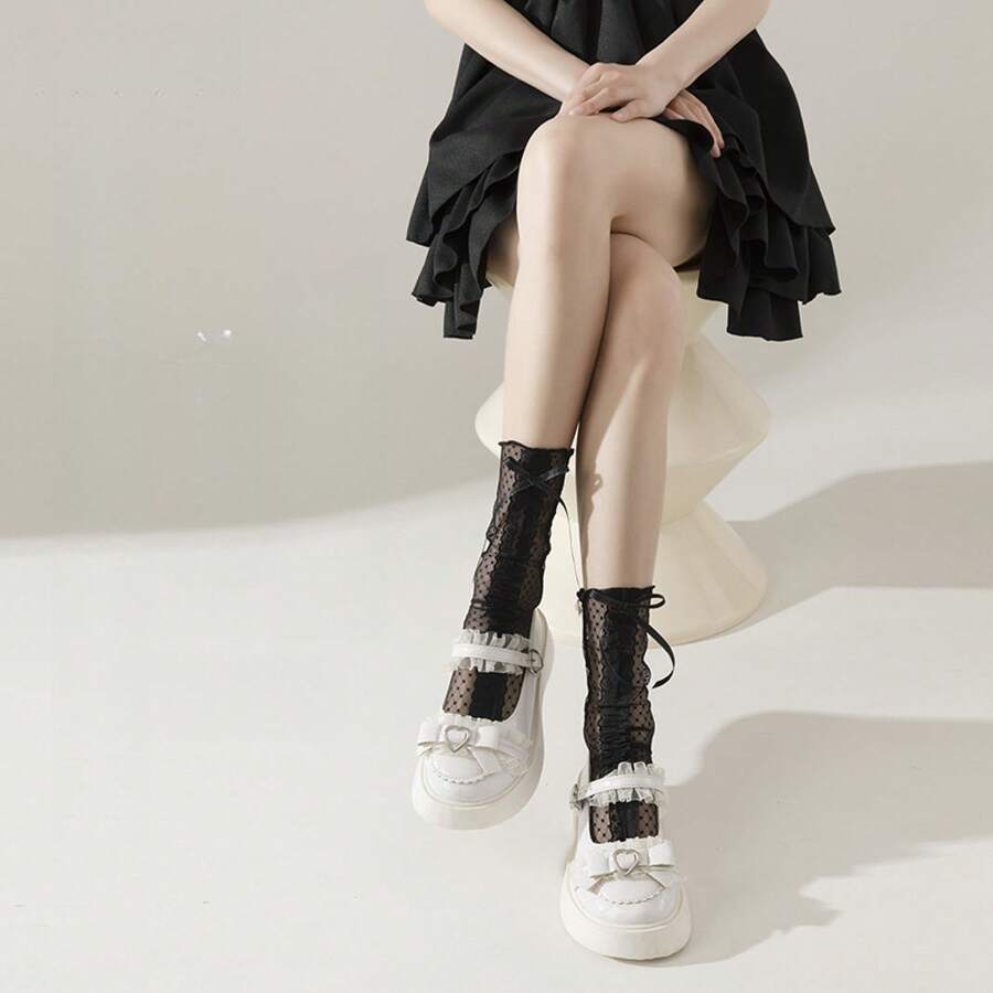 A Pair Of Sweet And Cute Bow Mid-Calf Socks, JK Ribbon Stacked Socks, Ballet-Style Mesh Calf Socks, Sheer Lace - 款式3 - 查看 1
