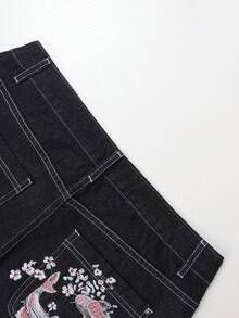 Loose Fit Black Denim Shorts For Men, Japanese Style With Koi Fish Embroidery Design, Casual Wear - Black - View 7