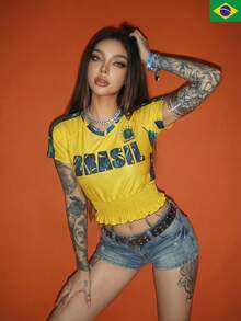 Women's Casual V-Neck Ruffle Hem Fitted Short T-Shirt, All-Over National Flag Print, Breathable & Cooling, Suitable For Summer & Spring Outdoor, Sports, Football Matches - Yellow - View 5