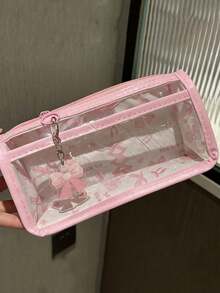 1个粉色/黑色蝴蝶结双层透明铅笔盒，美观大方，少女心满满，透明大容量文具收纳袋 - 彩色 - 查看 11