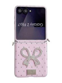 1 Piece Of Fashionable And Simple Leather Covered Dot Diamond Bow Folding Phone Case, Which Can Protect And Prevent Falling: SamsungGalaxy Zflip 5/Zflip 6/Zflip 7/ Razr 50 Ultra/ Razr 60 Ultra/ Razr 60/ Razr 50/Galaxy Z Flip7 FE - Pink - View 3