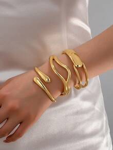 3pcs/1set Minimalist Gold-Tone Geometric Hollow Asymmetrical Water Drop Thick Textured Bangle Set, Suitable For Women, Solid Metal & Zinc Alloy Material - Yellow Gold - View 11