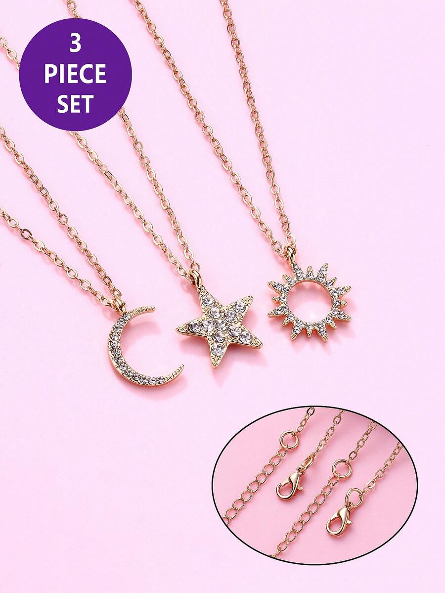 Bộ 3 mặt dây chuyền hình mặt trời, sao, trăng bằng thủy tinh, kiểu dáng thanh lịch, thường ngày, thích hợp cho trẻ em đi nghỉ mát, lễ Eid, quà tặng. - Vàng - Xem 1