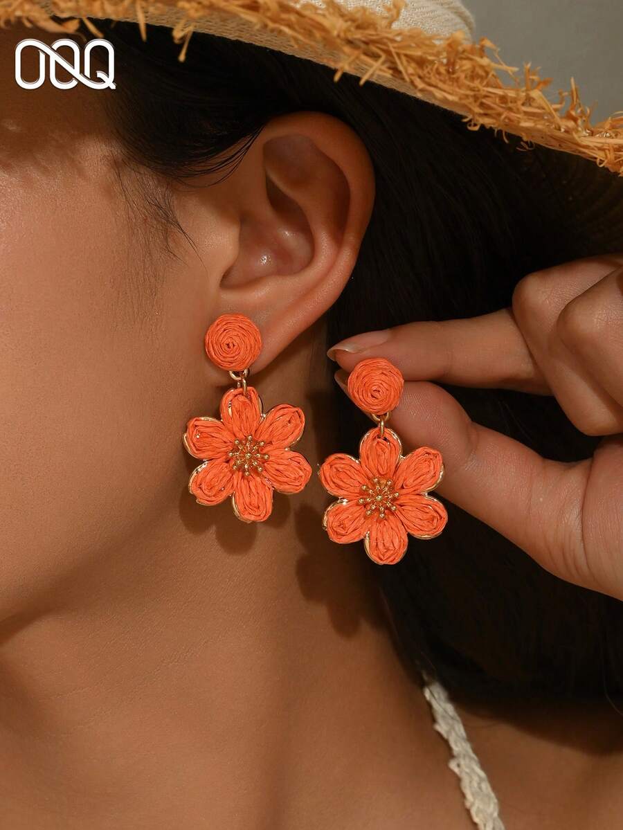 OOQ 1对夏季波西米亚风手工编织藤条彩色花朵耳环,小众设计简约优雅花朵流苏耳环,适合女性日常、度假、派对佩戴(手工编织纹理图案随机) - 橘色 - 查看 1