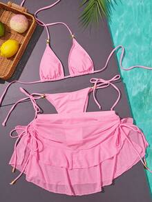 三件套女士泳衣比基尼套装，粉色沙滩泳装夏季时尚套装，包含迷你裙、外套/罩衫，适合健身/运动、春假、Y2K风格、街头风、度假、音乐节泳池派对等场合。 - 粉色 - 查看 10