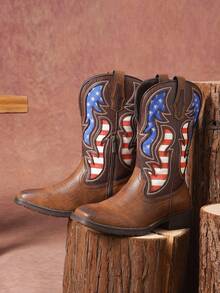 SHOESMALL Men's Brown Cowboy Boots Western Boots Side Zipper American Flag Retro Square Toe Mid-Calf Boots For Men - màu nâu - Xem 4
