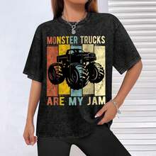 1 Piece "Monster Trucks Are My Jam" Retro Washed T-Shirt, For Off-Road Enthusiasts, Vintage Retro Style, Lively & Colorful, Ideal For Off-Road Event Outfits And Car Fan Gifting. - màu đen - Xem 6