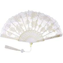 Lace Handheld Folding Fan Embroidered Flower Decorative Folding Fans Japanese Hand Fan 1920s Costume Wedding Bridal Dancing Tea Party (1, White) - trắng - Xem 2