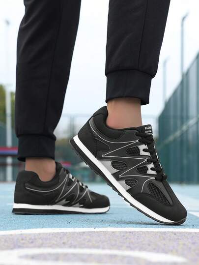 Men's Retro Flat Round Toe Lace-Up Letter Shoes, Breathable Plus Size Couple Shoes, Soft Non-Slip Soles, Suitable For All Seasons; Comfortable Training Flat Student Shoes, Wear-Resistant Anti-Skid Soles, Breathable Mesh Fabric And Suede