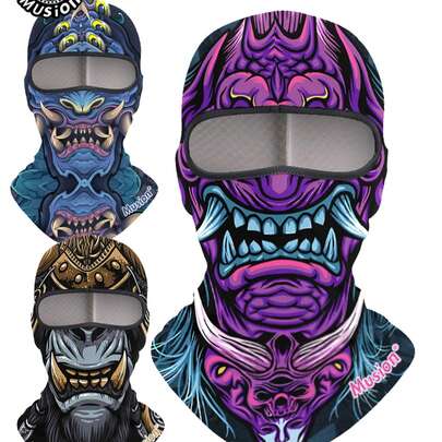 Musion 1-3个装防护拉法帽，适用于骑行、滑雪和户外运动，酷炫怪兽印花，防风透气，全覆盖式头套，透气防晒，遮光效果好，恶魔夜叉图案，适合户外活动、骑行、徒步、钓鱼等佩戴。