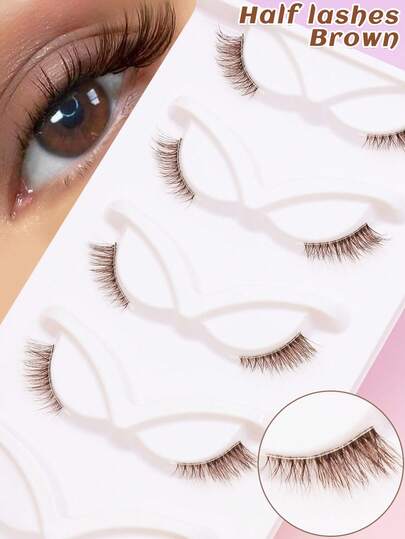 5对棕色半透明根部假睫毛，蓬松柔软，自然DIY恶作剧漫画鱼尾仙女超细茎羽毛尾植绒睫毛交叉浓密3D仿貂毛睫毛，日韩女孩最爱的款式