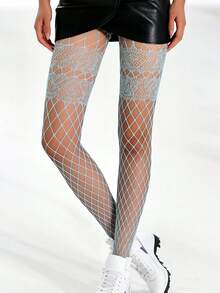 1 đôi quần tất lưới màu xanh dương với họa tiết Pháp và dây jacquard giả, tất lưới gợi cảm với thiết kế dây đeo ảo giác, thích hợp mặc hàng ngày. - Nhiều màu - Xem 4