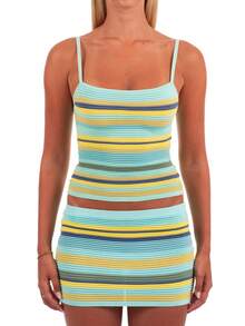 Women 2 Piece Knit Outfit Striped Mini Skirt Set Sexy Knit Crop Cami Tank Top Low Waist Bodycon Short Skirt Y2k Matching Going Out Party Beachwear - 藍色 - 查看 5