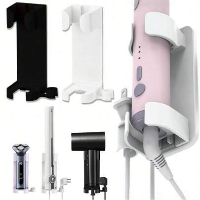 1 Giá đỡ máy uốn tóc không cần khoan lỗ - Giá để máy uốn tóc và máy sấy tóc không gây hư hại, Giá đựng dụng cụ bằng nhựa đa chức năng, Tiết kiệm không gian cho phòng tắm/phòng ngủ (Đen trắng)