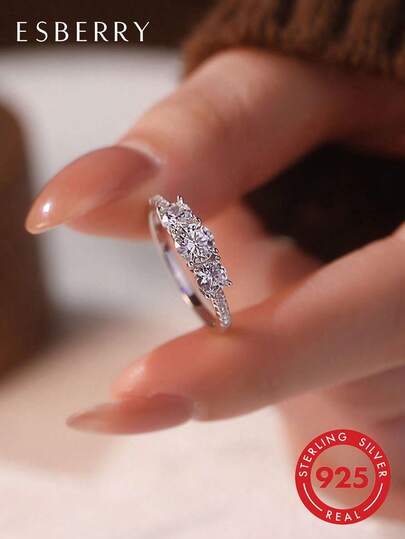 ESBERRY 1pc 925 Sterling Silver 3-Zirconia Stone Ring, Women's Wedding/Engagement/Promise/Eternity Ring, Exquisite Jewelry Gift