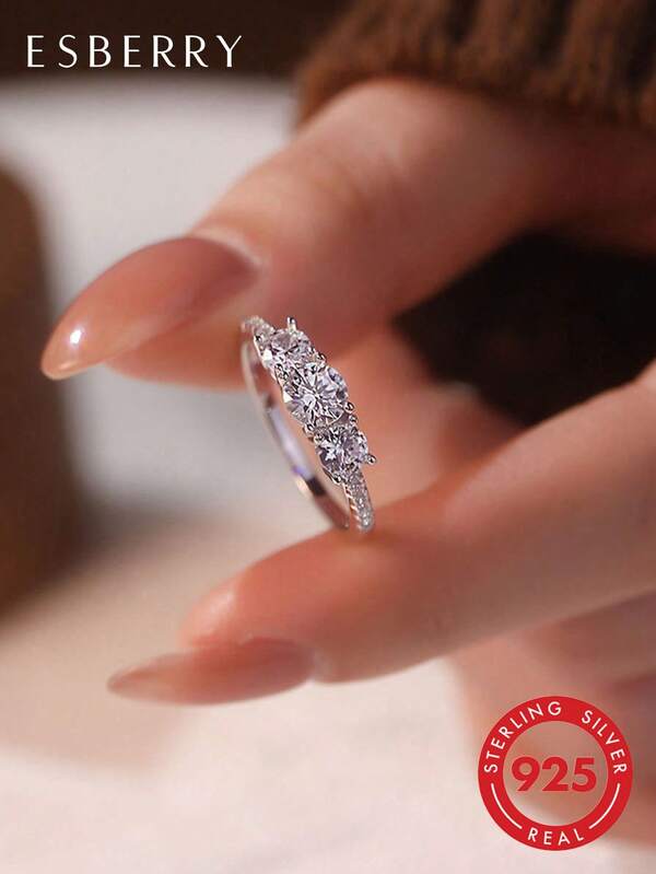 ESBERRY 1pc 925 Sterling Silver 3-Zirconia Stone Ring, Women's Wedding/Engagement/Promise/Eternity Ring, Exquisite Jewelry Gift