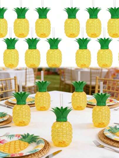6pcs Plastic Pineapple Shaped Cup With Straw - Strawberry Pattern Design | Suitable For Hawaiian Theme Birthday Party, Tropical Summer Beach Party Decor, Hawaiian Beach Party Tabletop Arrangement And Seasonal Decoration