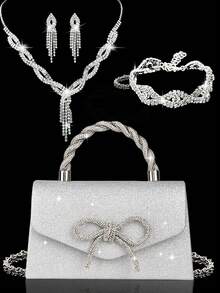 4pcs Luxury Sparkling Women's Jewelry Set, Formal Party Handbag With Rhinestone Bow Decor, Bridal Wedding Gift Set, Suitable For Party, Wedding, Prom, Gala - Silver - View 11