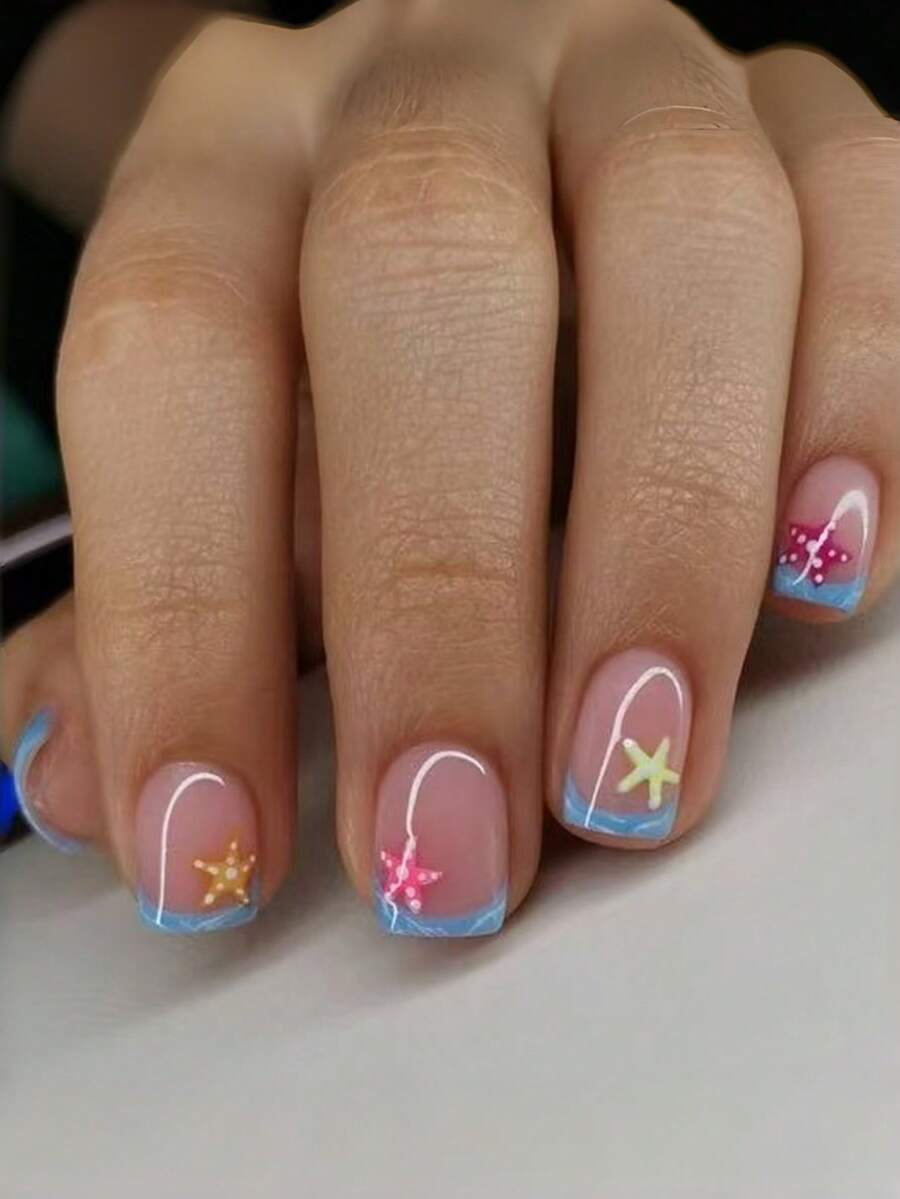 24pcs European Short Fake Nails, French Colorful Starfish & Blue Wave Pattern Wearable Nails, Full Coverage Removable Nails Suitable For Party, Ball And Daily Wear - Multicolor - View 1