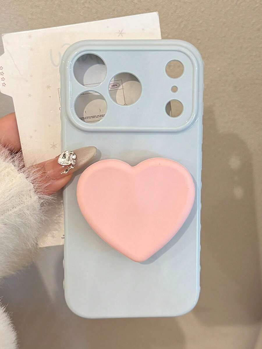 1pc Ins Style Side Heart Window Phone Case Suitable Compatible With Iphone 17 Pro Max, 15 Pro Max/13/14 Soft 12/11 Pink Heart Stand 16 Pro Max/15 Plus 14 Plus - Blue - View 1