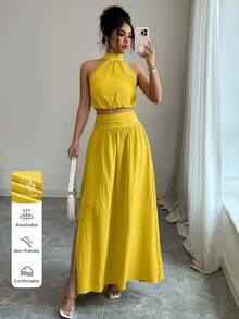 abyoxi 女士芥末黄纹理露背系带露脐上衣搭配高腰褶裥开衩长裙两件套，休闲度假、海滩、约会、日常穿着，春夏套装 - 芥末黃 - 查看 1