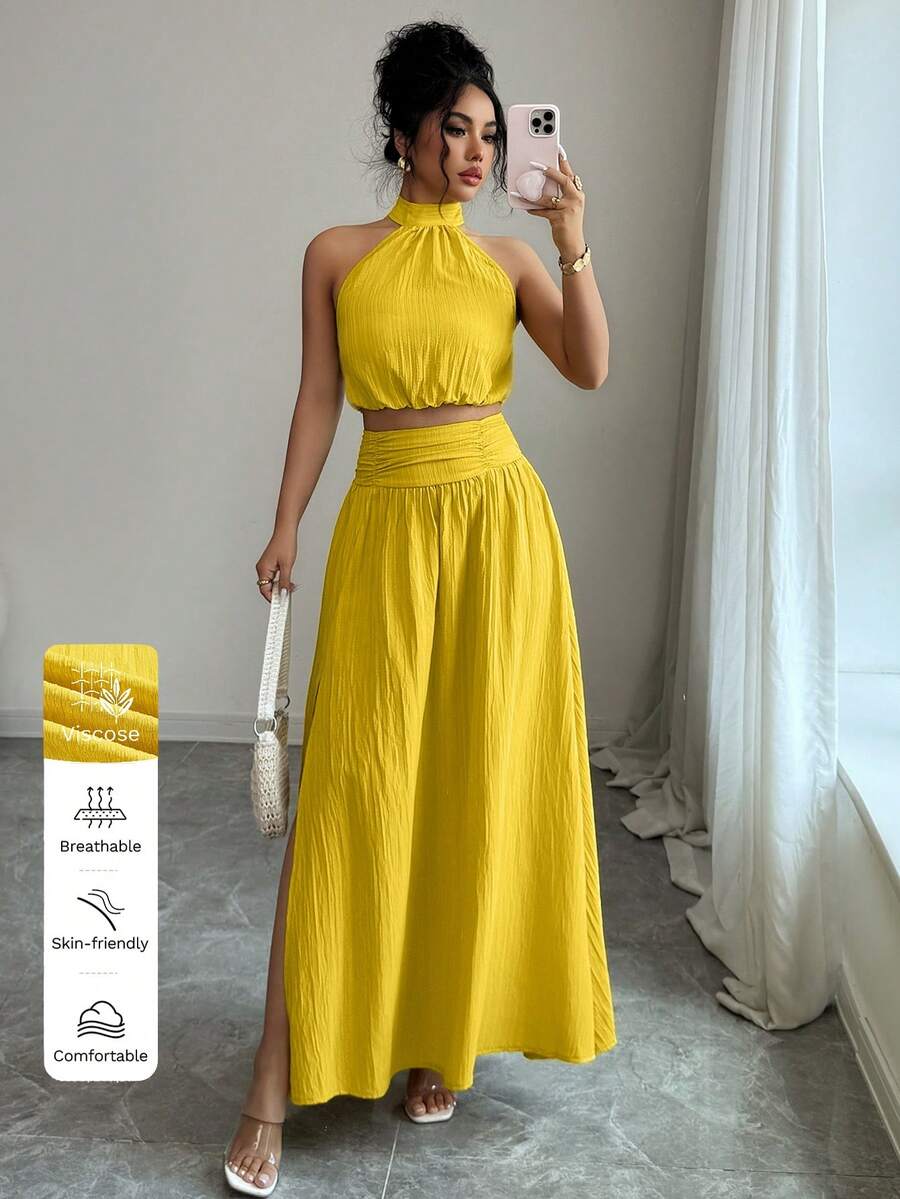 abyoxi 女士芥末黄纹理露背系带露脐上衣搭配高腰褶裥开衩长裙两件套，休闲度假、海滩、约会、日常穿着，春夏套装 - 芥末黃 - 查看 1
