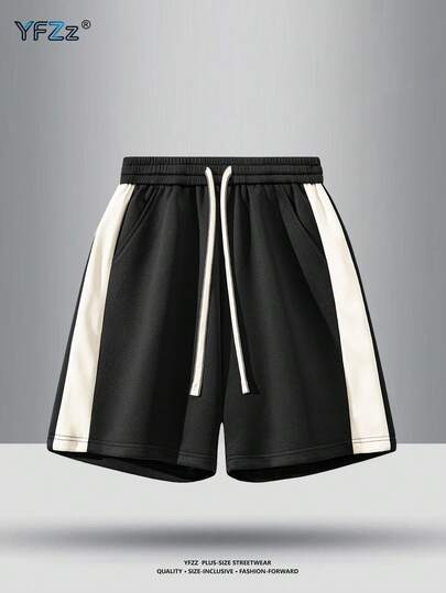 加大码男士夏季休闲时尚侧条纹装饰斜插口袋设计柔软舒适户外休闲抽绳弹力腰短裤