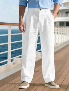 Men's Linen Casual Loose Fit Business Suit Pants, Straight Leg, Solid Color, Suitable For Spring And Autumn - White - View 2