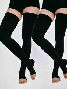 2 đôi tất nén cao đến đùi, hở ngón, chống bong gân, chống giãn tĩnh mạch, màu đen và màu be. - Nhiều màu - Xem 8