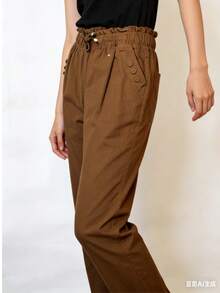 Women's Twill Pants With Elastic Button And Drawstring Pocket - 咖啡棕 - 查看 1