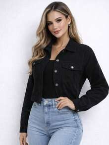 Women's Corduroy Cropped Jacket, Country Western Style | June Festival Look, Chic Cowboy Fashion 2026 - 黑色 - 查看 2