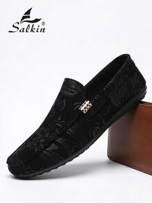 Salkin 男士设计师款莫卡辛鞋，奢华佩斯利花纹绒面革乐福鞋，柔软皮革商务休闲鞋，适合办公室、婚礼、派对、约会、节日礼物、休闲和运动场合。建议选购大一码。 - 黑色 - 查看 11