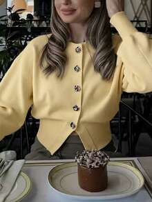 Cárdigan de punto de unicolor para mujer, suéter corto casual para uso diario y vacaciones, de alta calidad, para otoño/invierno - Amarillo - Ver 11