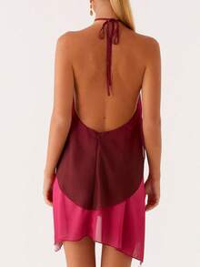 Women Mini Dress Gradient Tie-Up Halter Neck Ruffles Sleeveless Dress Summer Fashion Casual Dress - 玫紅色 - 查看 3