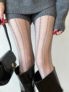 1 Pair Y2K Lace Hollow Out Pantyhose/Women's Ins Fashionable, Grunge Striped Fishnet Tights, Brown Transparent Grid Vertical Striped Thigh High Socks, Punk Rock Stockings Suitable For Party, Music Festival, Street Wear - Multicolor - View 10