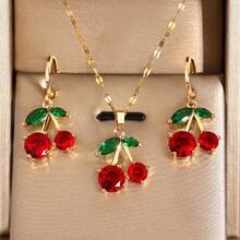 3pcs Fruit Series - Cherry Necklace & Earrings Set For Women, Copper Material , Elegant & Cute, & Sweet, Suitable For Women's Vacation And Daily Wear, Jewelry Gift For Christmas, Graduation And Back To School Season - 金色 - 查看 4