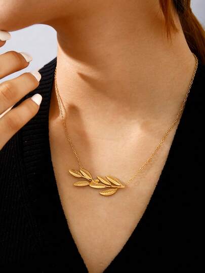 TONSI 1 pieza Collar colgante con textura de hoja minimalista francesa, versátil y delicado, chapado en oro de 18K de acero inoxidable, collar con dije de hoja adecuado para mujeres en vacaciones, viajes, cumpleaños, trabajo, uso diario, fiestas