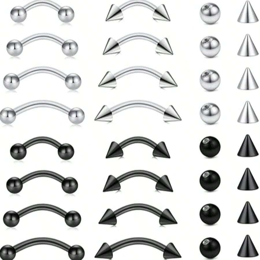 眉钉饰品 医用钢垂直唇钉 弯杆迷你眉环 耳骨环 肚脐环 男女通用 20g 16g 6mm/8mm/10mm/12mm - 眉釘混合色 - 查看 1