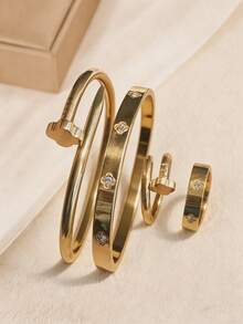 4件套18K镀金不锈钢四叶草钉手镯戒指套装，时尚优雅女士珠宝手镯戒指组合，防水防褪色，适合日常佩戴和送礼 - 款式二 金色 - 查看 3