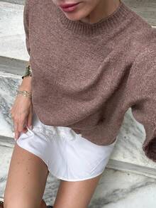 Women's Knit Sweater, Spring/Summer Short Sleeve Crew Neck Knit Top, Solid Color Versatile Daily Wear - Brown - View 1