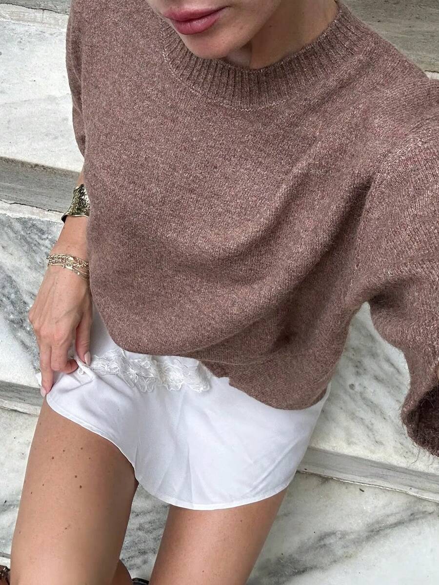 Women's Knit Sweater, Spring/Summer Short Sleeve Crew Neck Knit Top, Solid Color Versatile Daily Wear - Brown - View 1