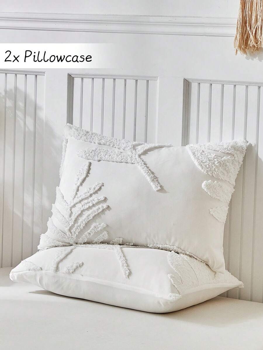 2pcs Boho Style White Leaf Pattern Tufted Pillow Covers, Vintage Farmhouse Polyester Decorative Throw Pillow Cases, Suitable For All Seasons, Machine Washable, Durable, Without Filler - White - View 1